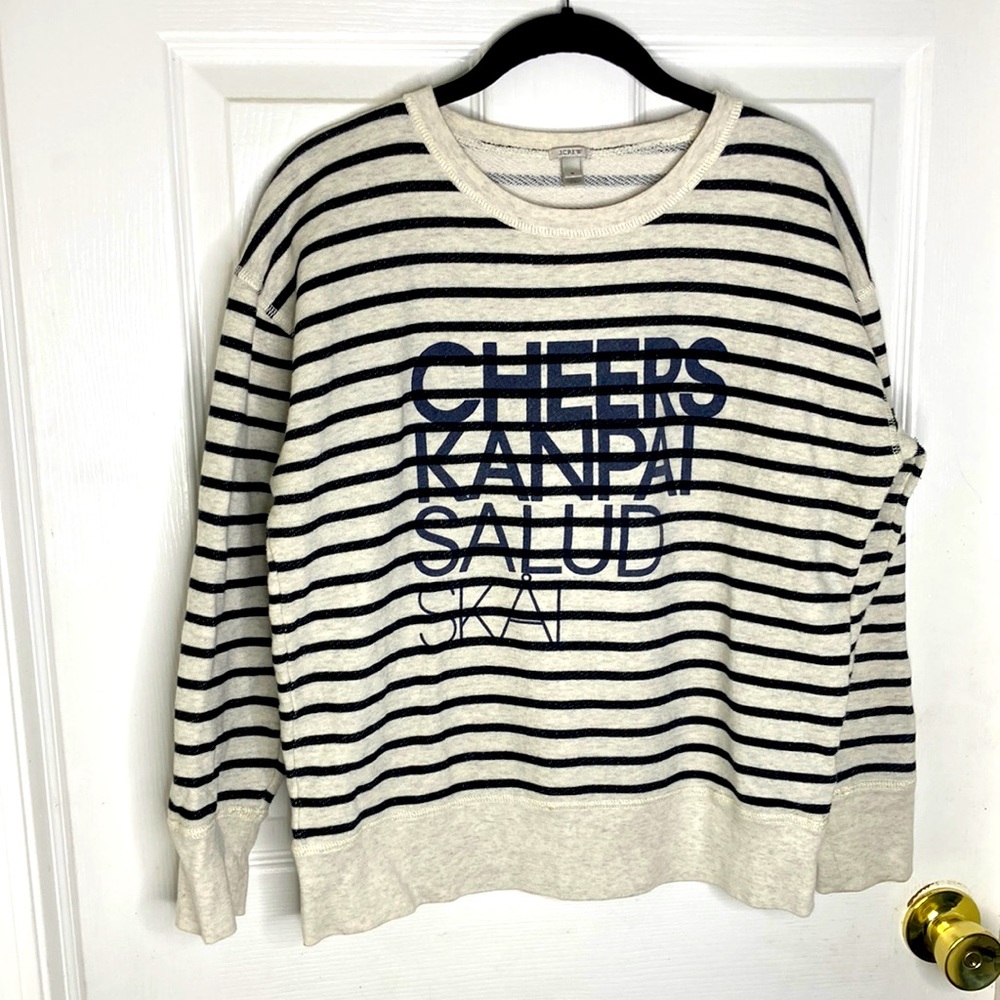 J Crew Cheers Black and White Stripe Blue Lettering Size M Cotton blend